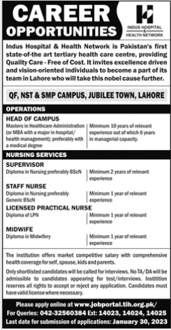 Staff Nurse Jobs 2023 in Indus Hospital in Karachi